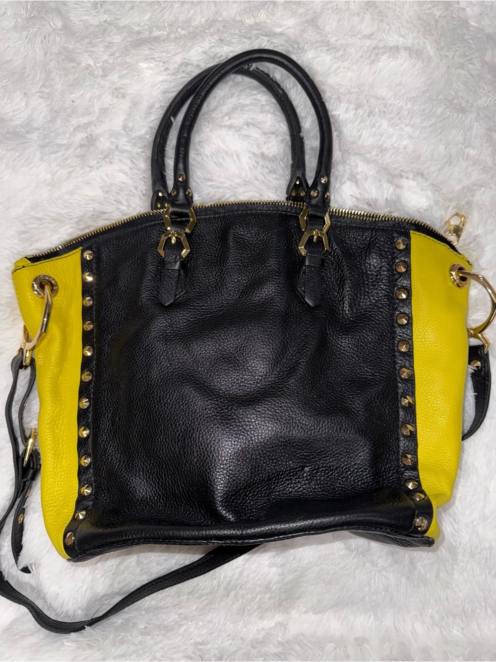orYANY Black and Yellow Studded Leather Shoulder Bag
